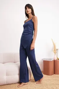 TRENDYOLMİLLA Navy Blue Polka Dot Shirred Asymmetric Cotton Soft Handle Knitting Pajama Set - Image 2
