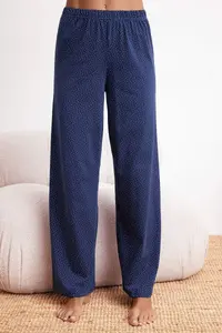 TRENDYOLMİLLA Navy Blue Polka Dot Shirred Asymmetric Cotton Soft Handle Knitting Pajama Set - Image 3
