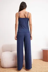 TRENDYOLMİLLA Navy Blue Polka Dot Shirred Asymmetric Cotton Soft Handle Knitting Pajama Set - Image 4