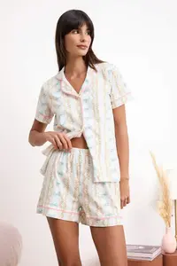 TRENDYOLMİLLA Multicolored 100% Cotton Flower and Ribbon Patterned Piped Knitting Pajama Set