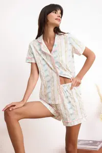 TRENDYOLMİLLA Multicolored 100% Cotton Flower and Ribbon Patterned Piped Knitting Pajama Set - Image 2