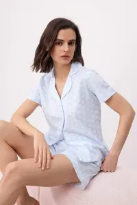 TRENDYOLMİLLA Mavi 100% Cotton Polka Dot and Piped Knitting Pajama Set