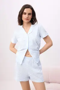 TRENDYOLMİLLA Mavi 100% Cotton Polka Dot and Piped Knitting Pajama Set - Image 2