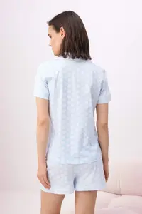 TRENDYOLMİLLA Mavi 100% Cotton Polka Dot and Piped Knitting Pajama Set - Image 4