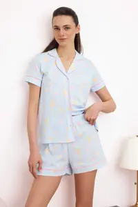TRENDYOLMİLLA Mavi 100% Cotton Fun Macaron and Paris Patterned Piped Knitting Pajama Set