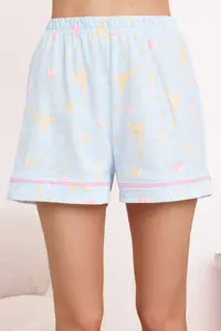 TRENDYOLMİLLA Mavi 100% Cotton Fun Macaron and Paris Patterned Piped Knitting Pajama Set - Image 3