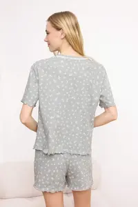 TRENDYOLMİLLA Gray 100% Cotton Floral Lace Detailed Knitting Pajama Set - Image 4