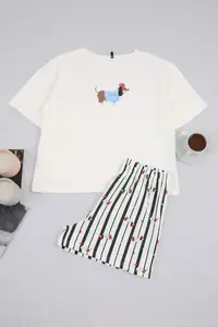TRENDYOLMİLLA White-Multicolored Dog Patterned Cotton Lycra Soft Touch Knitting Pajama Set