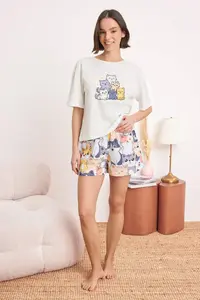 TRENDYOLMİLLA White Kedi Patterned Cotton Lycra Soft Touch Knitting Pajama Set - Image 2