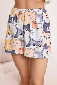 TRENDYOLMİLLA White Kedi Patterned Cotton Lycra Soft Touch Knitting Pajama Set - Image 3