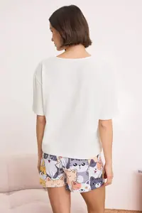 TRENDYOLMİLLA White Kedi Patterned Cotton Lycra Soft Touch Knitting Pajama Set - Image 4
