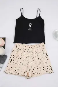TRENDYOLMİLLA Black-Ecru Cotton Soft Touch Galaxy Knitting Pajama Set