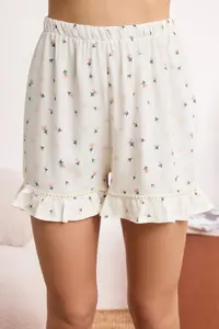 TRENDYOLMİLLA Ecru Floral with flywheel Stripe Detailed Viscose Weaving Pajama Set - Image 3