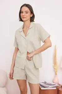 TRENDYOLMİLLA Beige 100% Cotton Striped Muslin Weaving Pajama Set - Image 2