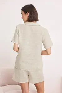 TRENDYOLMİLLA Beige 100% Cotton Striped Muslin Weaving Pajama Set - Image 4