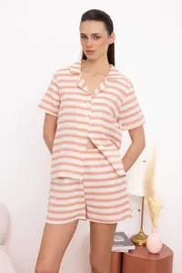 TRENDYOLMİLLA Brick Red 100% Cotton Striped Muslin Weaving Pajama Set