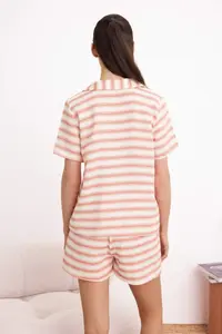 TRENDYOLMİLLA Brick Red 100% Cotton Striped Muslin Weaving Pajama Set - Image 4