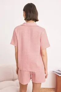 TRENDYOLMİLLA Burgundy 100% Cotton Striped Muslin Weaving Pajama Set - Image 4