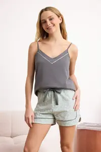 TRENDYOLMİLLA Anthracite-MINT Floral Lycra Soft Touch Knitting Pajama Set - Image 2