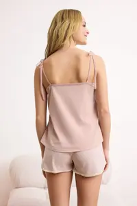 TRENDYOLMİLLA Powder Pink Tie and Stripe Detailed Printed Lycra Soft Touch Knitting Pajama Set - Image 4
