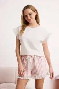 TRENDYOLMİLLA Powder Pink Striped Ruffle Detailed Lycra Soft Toe Knitting Pajama Set