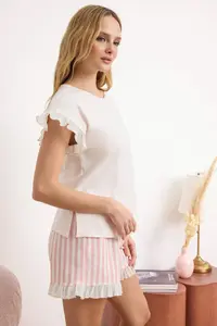 TRENDYOLMİLLA Powder Pink Striped Ruffle Detailed Lycra Soft Toe Knitting Pajama Set - Image 2