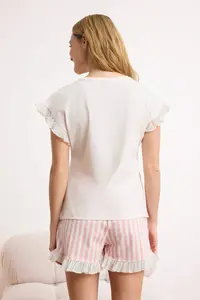 TRENDYOLMİLLA Powder Pink Striped Ruffle Detailed Lycra Soft Toe Knitting Pajama Set - Image 4