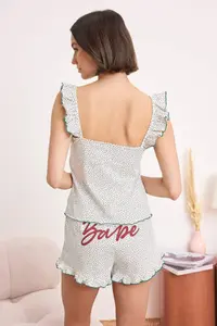 TRENDYOLMİLLA White Polka Dot Slogan Printed Frilly Knitting Pajama Set - Image 4