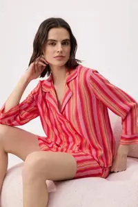TRENDYOLMİLLA Red-Multicolored Striped Viscose Weaving Pajama Set - Image 2