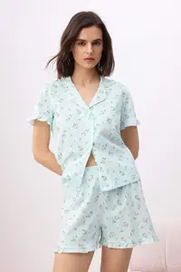 TRENDYOLMİLLA Mavi 100% Cotton Printed Piped 30/1 penye single jersey Knitting Pajama Set - Image 2