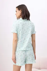 TRENDYOLMİLLA Mavi 100% Cotton Printed Piped 30/1 penye single jersey Knitting Pajama Set - Image 4