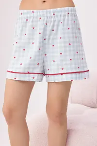 TRENDYOLMİLLA Mavi 100% Cotton Heart and Plaid Printed Piped Knitting Pajama Set - Image 3