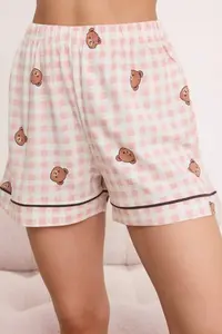 TRENDYOLMİLLA Pink 100% Cotton Plaid / Checkered Teddy Bear Patterned Piped Knitting Pajama Set - Image 3