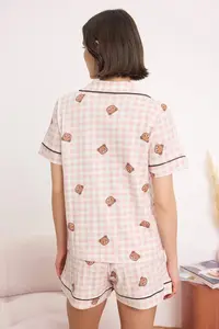 TRENDYOLMİLLA Pink 100% Cotton Plaid / Checkered Teddy Bear Patterned Piped Knitting Pajama Set - Image 4