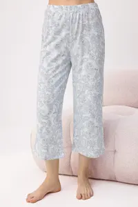 TRENDYOLMİLLA Mavi 100% Cotton Ethnic Patterned Bottom Capri Knitting Pajama Set - Image 3