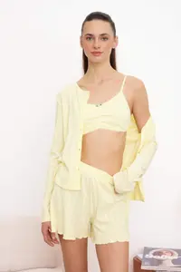 TRENDYOLMİLLA Yellow 100% Cotton 3 Sets Ribbed/Pointel Knitting Pajama Set