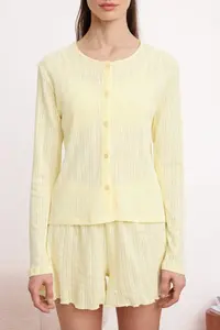 TRENDYOLMİLLA Yellow 100% Cotton 3 Sets Ribbed/Pointel Knitting Pajama Set - Image 3
