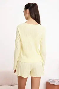 TRENDYOLMİLLA Yellow 100% Cotton 3 Sets Ribbed/Pointel Knitting Pajama Set - Image 4