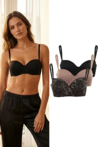TRENDYOLMİLLA Black-Multicolored 3 Sets Micro Leopard Sabit Container Strapless Bra