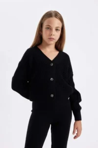 DeFacto Girl's V-Neck Buttoned Black Basic Plain Knitwear Cardigan A2298a824au - Image 2