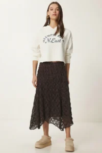 Lovelyİstanbul Lace Detailed Asymmetrical Midi Skirt  BROWN