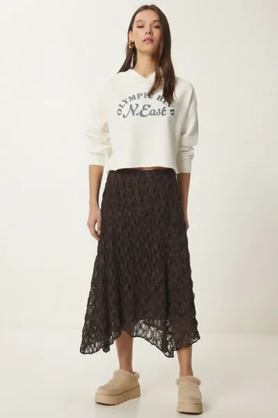 Lovelyİstanbul Lace Detailed Asymmetrical Midi Skirt  BROWN