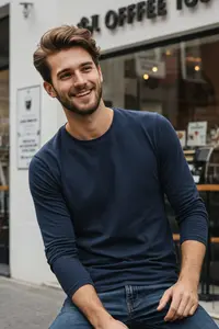 MAN Navy Blue Basic Regular/Normal Kesim Crew Neck Long Sleeve 100% Cotton T-Shirt - Image 2