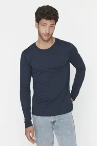 MAN Navy Blue Basic Regular/Normal Kesim Crew Neck Long Sleeve 100% Cotton T-Shirt - Image 3