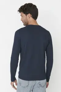 MAN Navy Blue Basic Regular/Normal Kesim Crew Neck Long Sleeve 100% Cotton T-Shirt - Image 4
