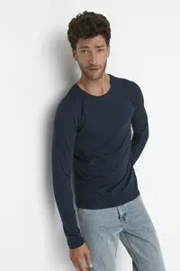 MAN Navy Blue Basic Regular/Normal Kesim Crew Neck Long Sleeve 100% Cotton T-Shirt - Image 5