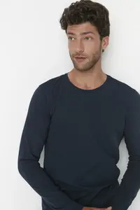 MAN Navy Blue Basic Regular/Normal Kesim Crew Neck Long Sleeve 100% Cotton T-Shirt - Image 6