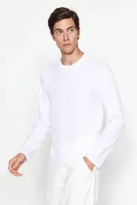 MAN White Regular/Normal Kesim Long Sleeve 100% Cotton Tok Material T-Shirt - Image 3