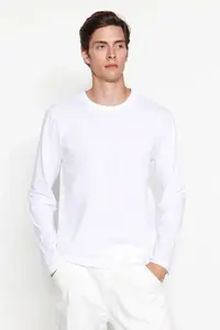 MAN White Regular/Normal Kesim Long Sleeve 100% Cotton Tok Material T-Shirt - Image 5
