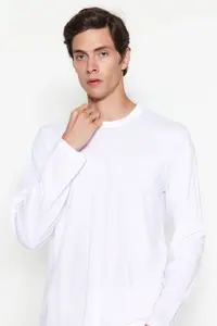 MAN White Regular/Normal Kesim Long Sleeve 100% Cotton Tok Material T-Shirt - Image 7